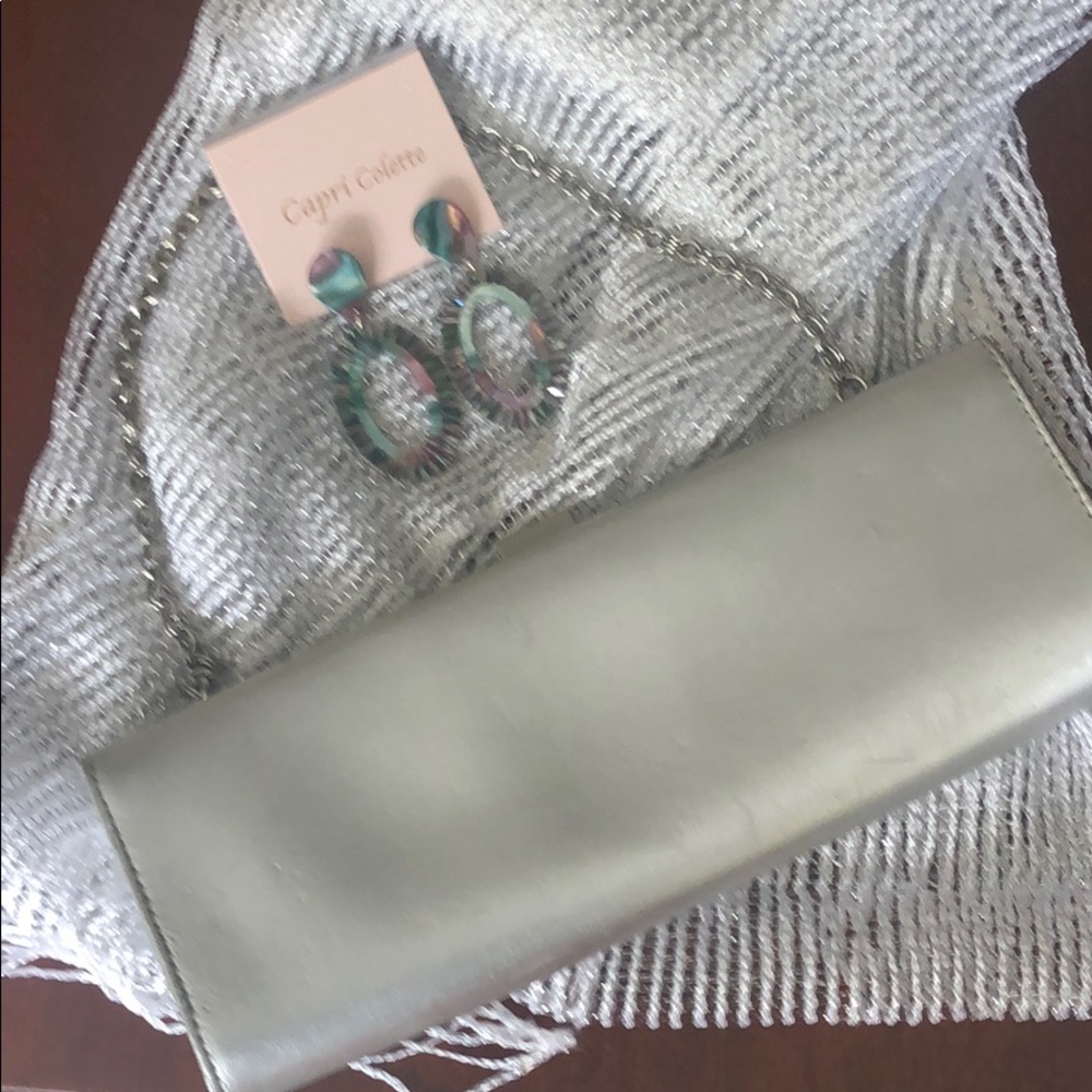 Set of clutch and silk silver scarf.